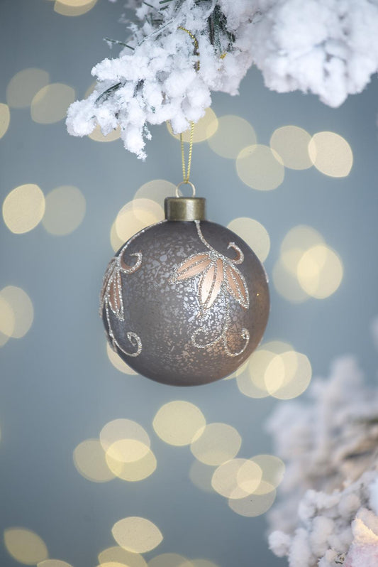 Dark grey frosted bauble with rose gold leaf design festive Christmas ornament