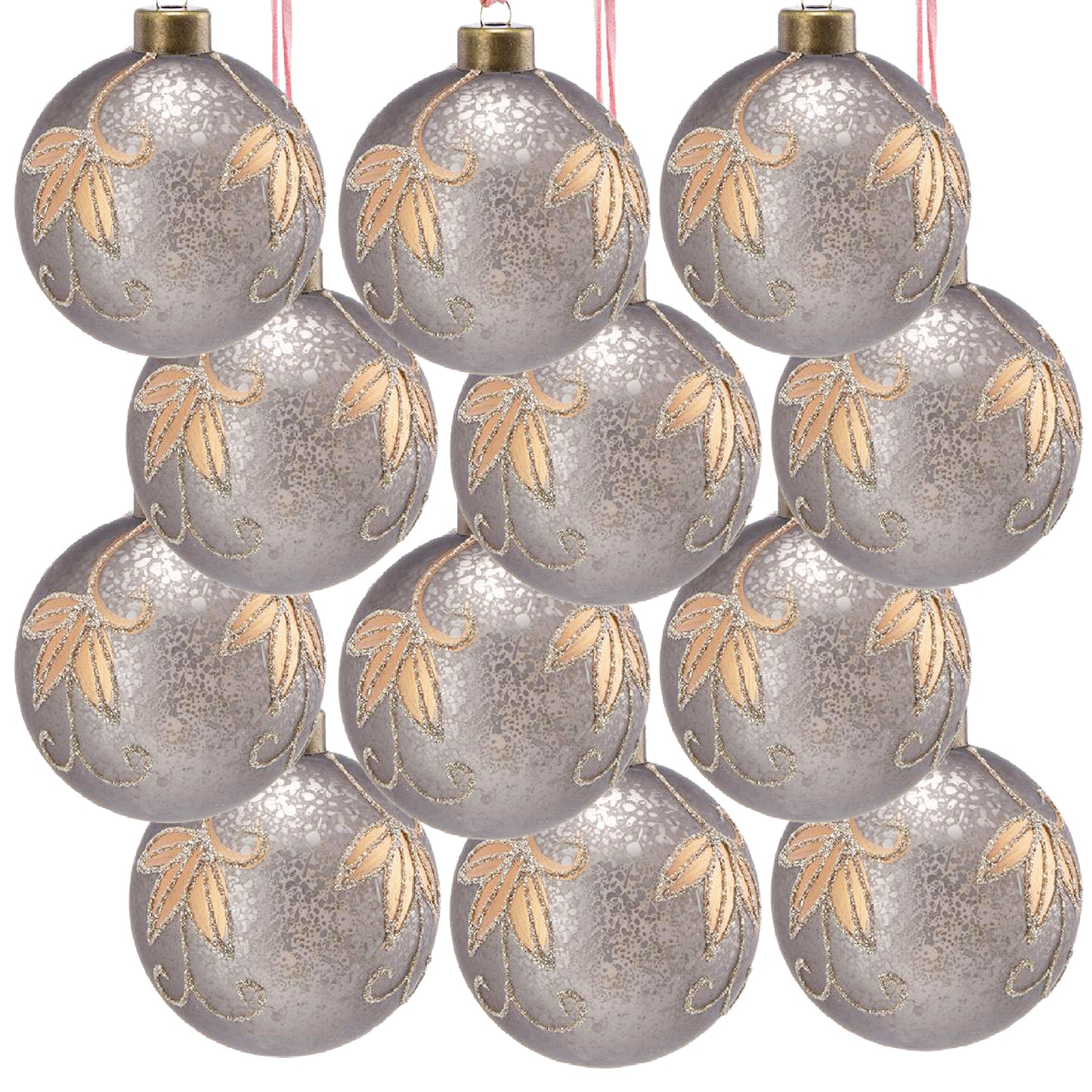 Set of  antique silver glass Christmas ornaments with gold leaf accents and glitter trim