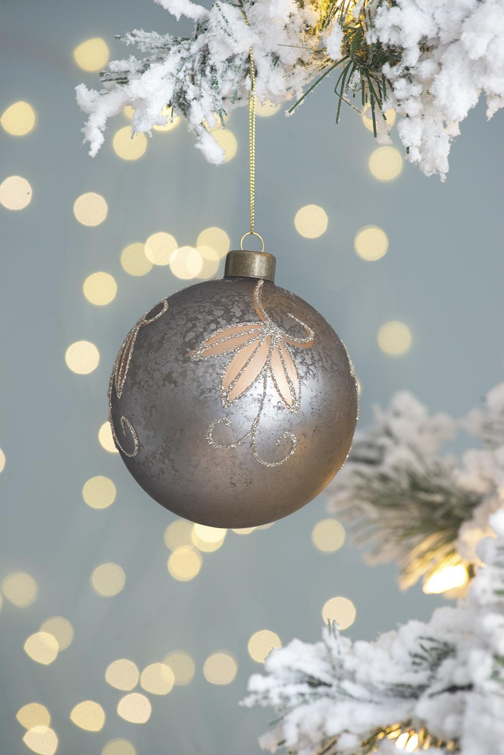 Antique silver bauble with copper leaf detail perfect for Christmas tree decor