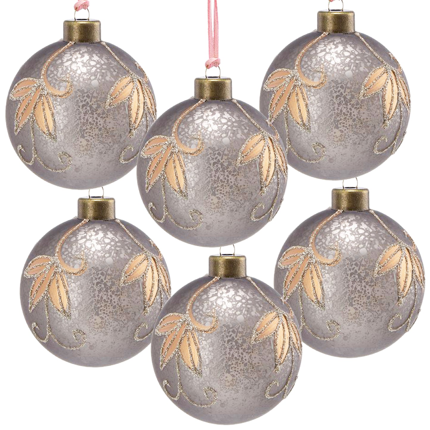 Set of  frosted gray Christmas ornaments with gold leaf design and glitter accents