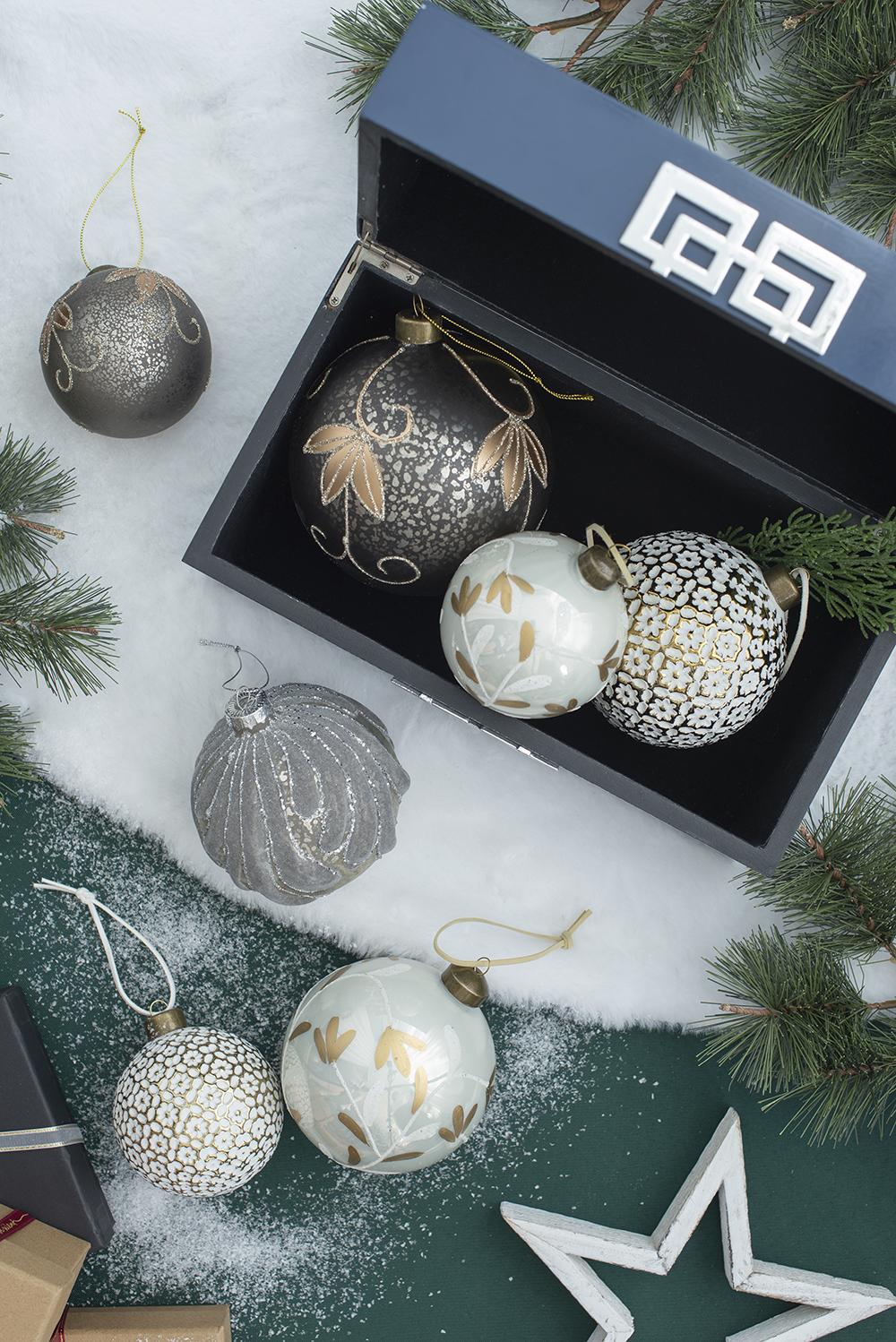 Set of  decorative Christmas ornaments in glass and textured finishes