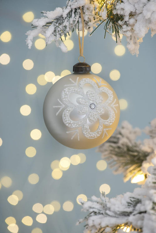 Champagne glass Christmas ornament with frosted snowflake design and glitter accents