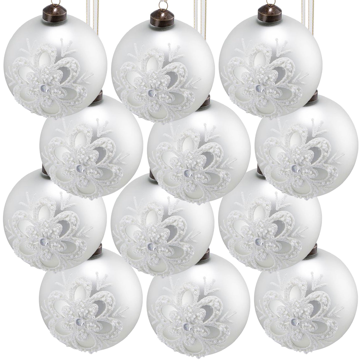 Set of  frosted white snowflake Christmas ornaments with beaded accents