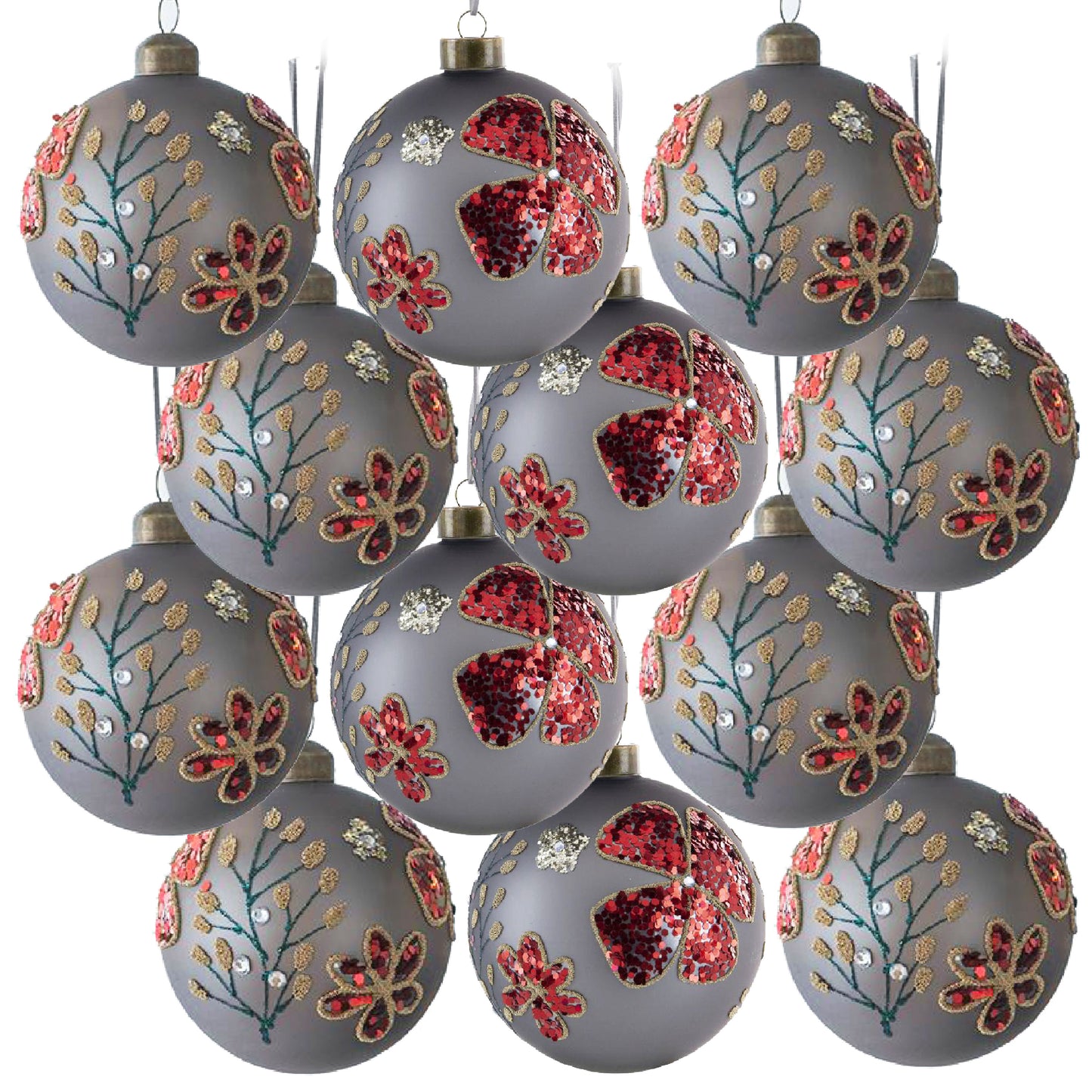 Set of  grey Christmas ornaments with red sequin flowers and gold bead branches