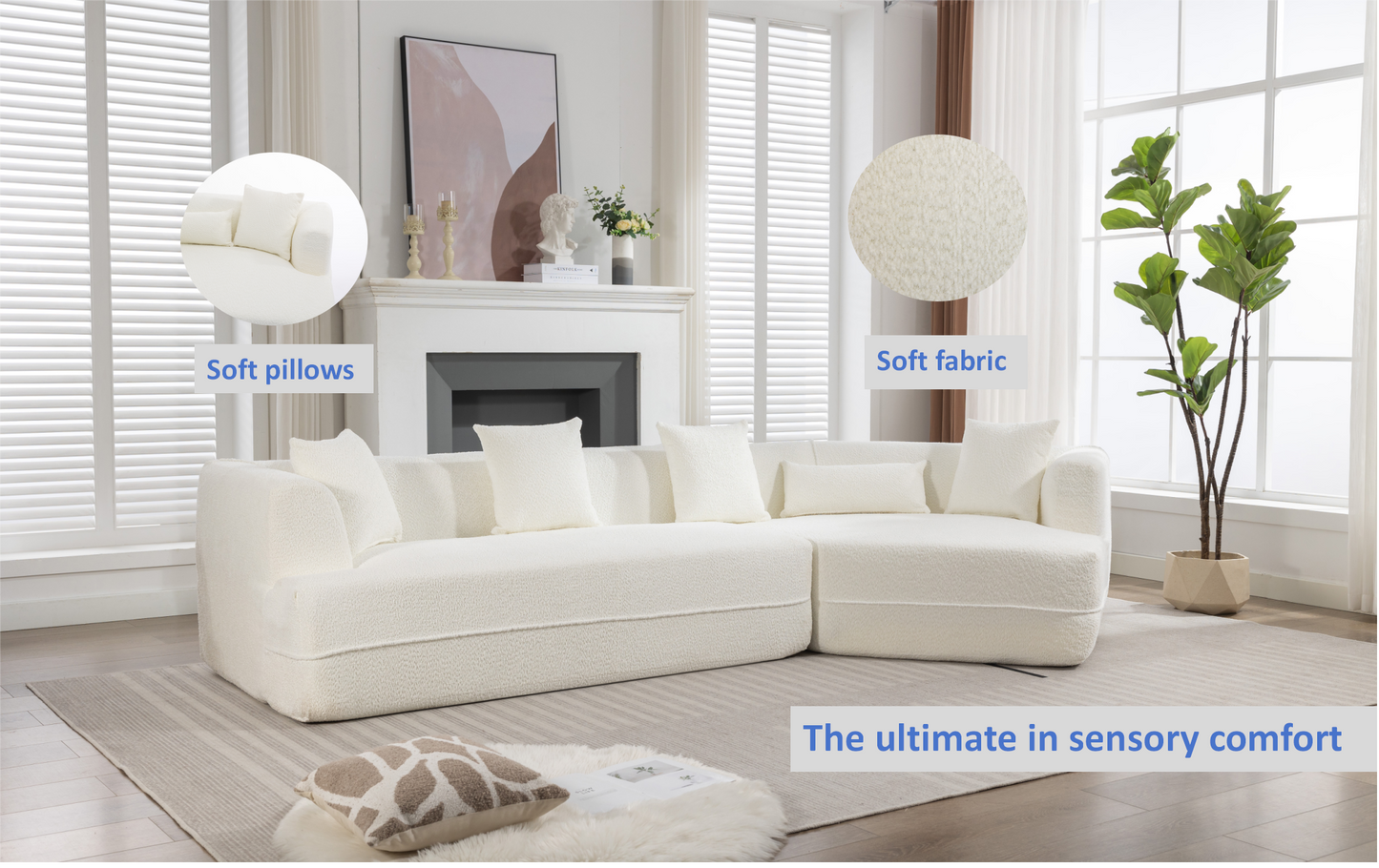 Plush cream boucle sectional sofa with accent pillows perfect for a cozy living room