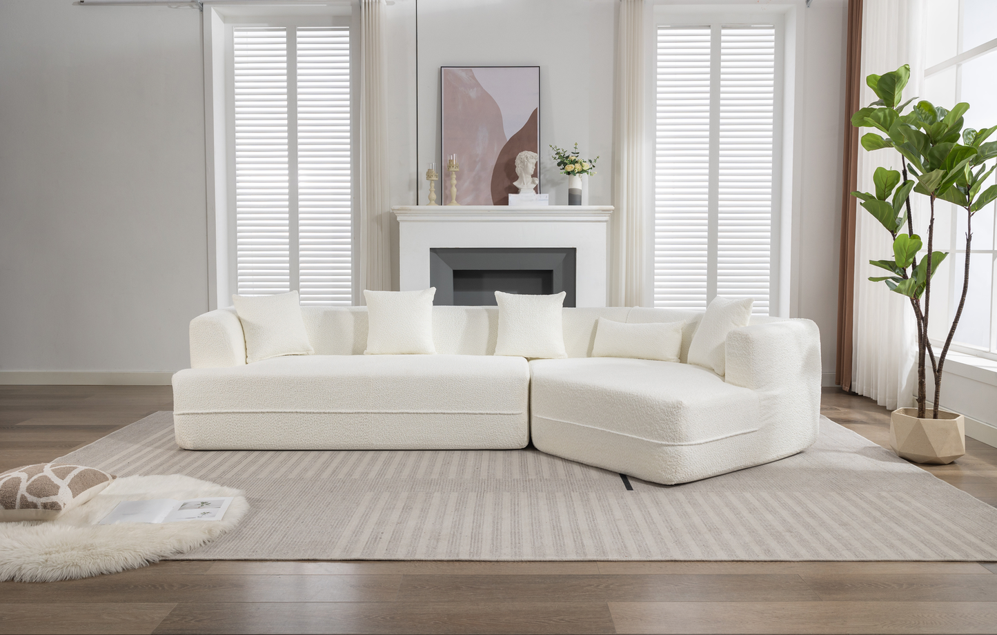 Plush white sectional sofa with textured fabric and accent pillows perfect for modern living rooms