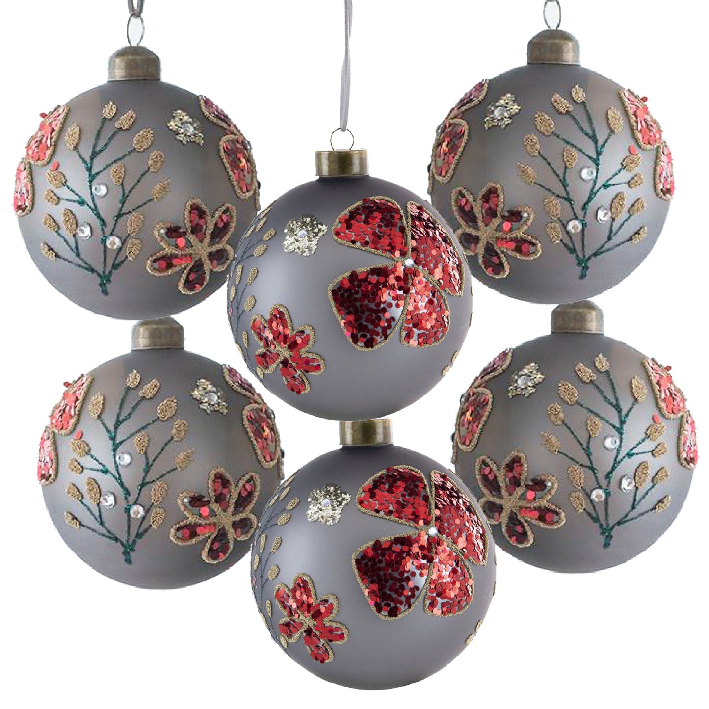 Gray Christmas ornaments with red sequin floral designs and gold bead accents