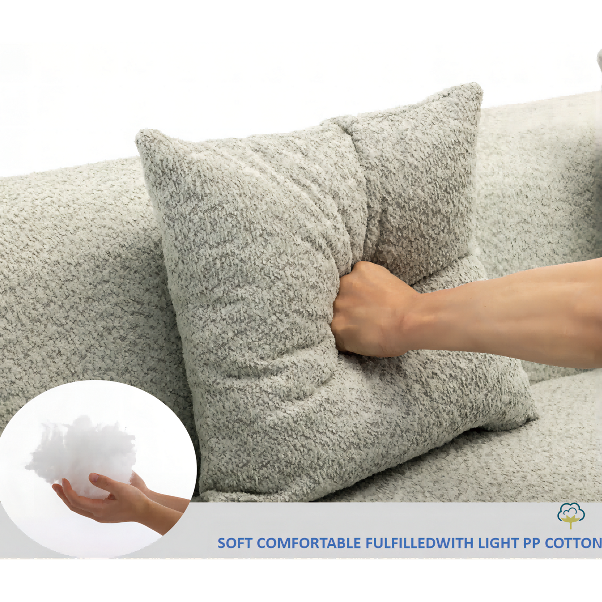 Soft grey textured throw pillow with plush polypropylene cotton fill