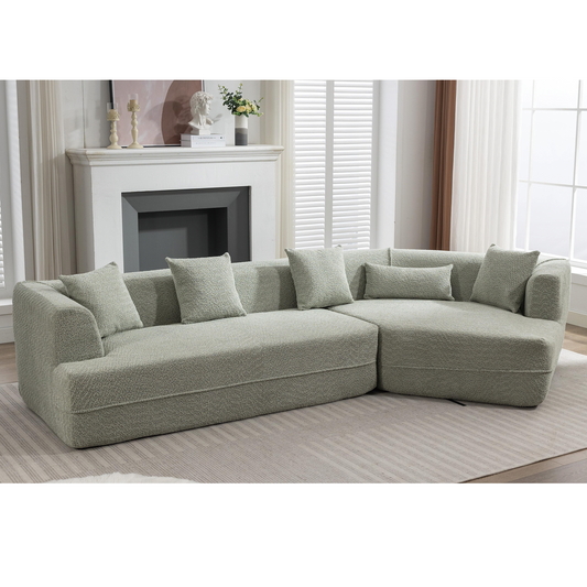 Plush teddy fabric sectional sofa in sage green perfect for living room comfort