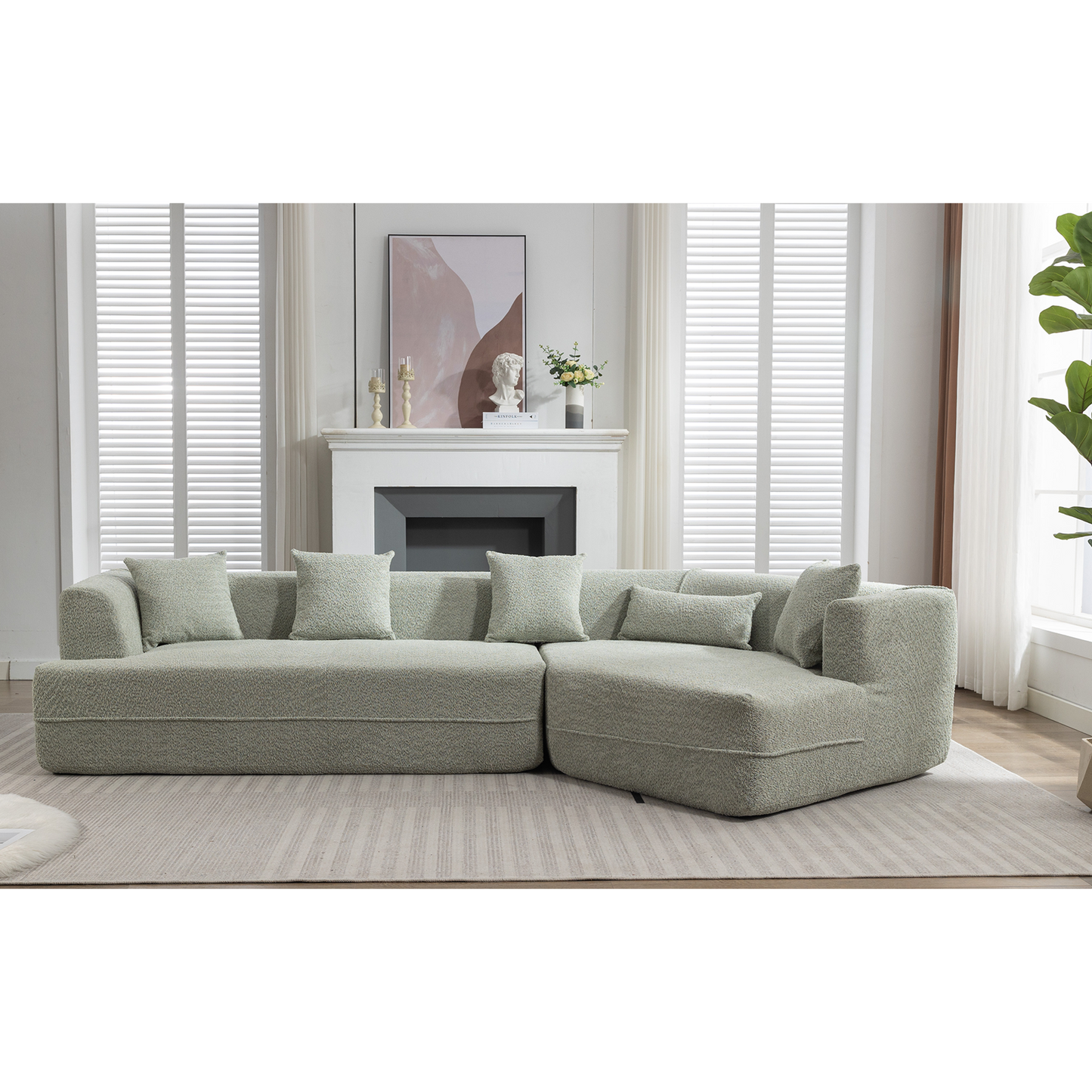 Sage green boucle fabric sectional sofa with plush cushions ideal for modern living rooms