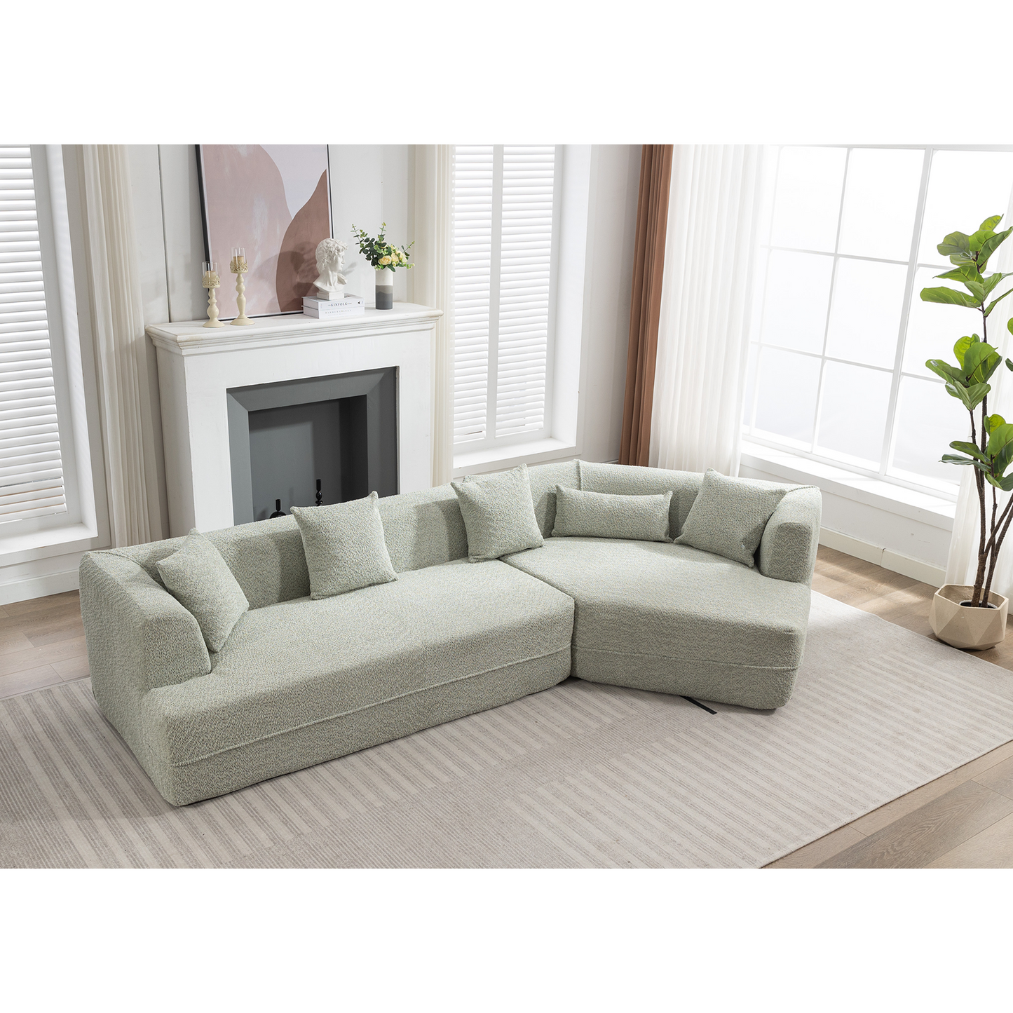Pale green textured sectional sofa with plush cushions perfect for modern living rooms