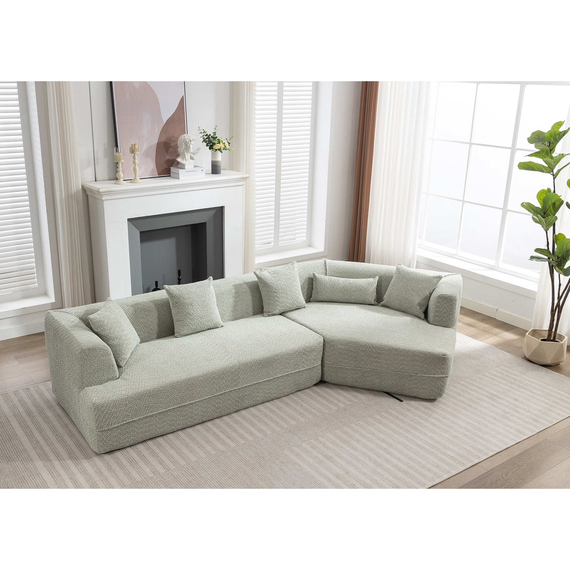 Pale green textured sectional sofa with plush cushions perfect for modern living rooms