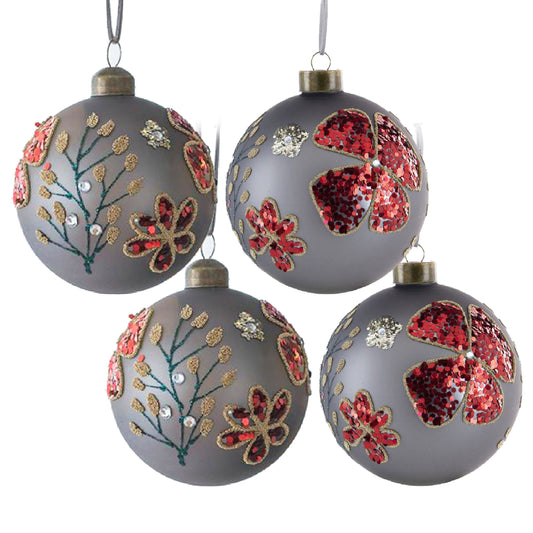 Set of four grey Christmas ornaments with red sequin flowers and gold accents