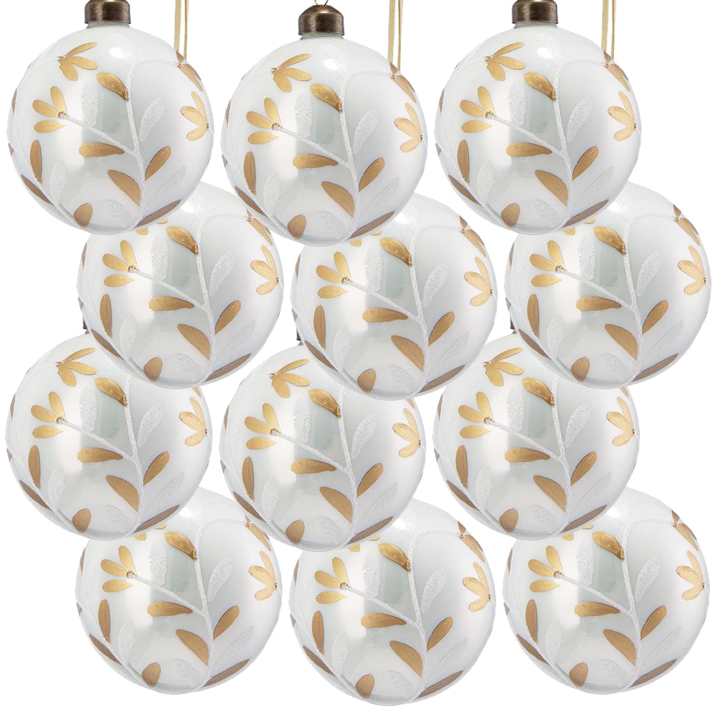 White glass Christmas ornaments with gold leaf design