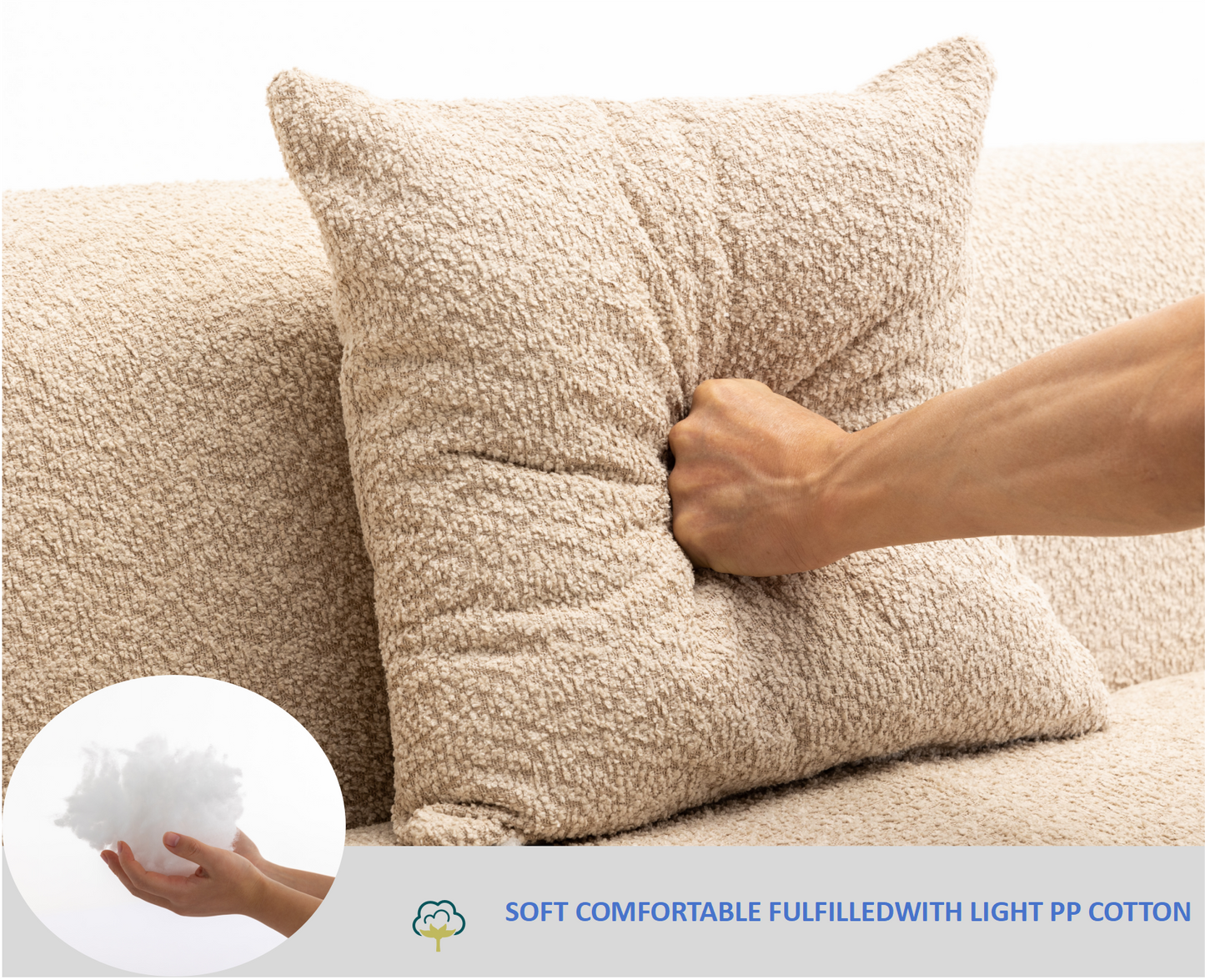 Closeup of a textured beige decorative pillow being squished by a hand