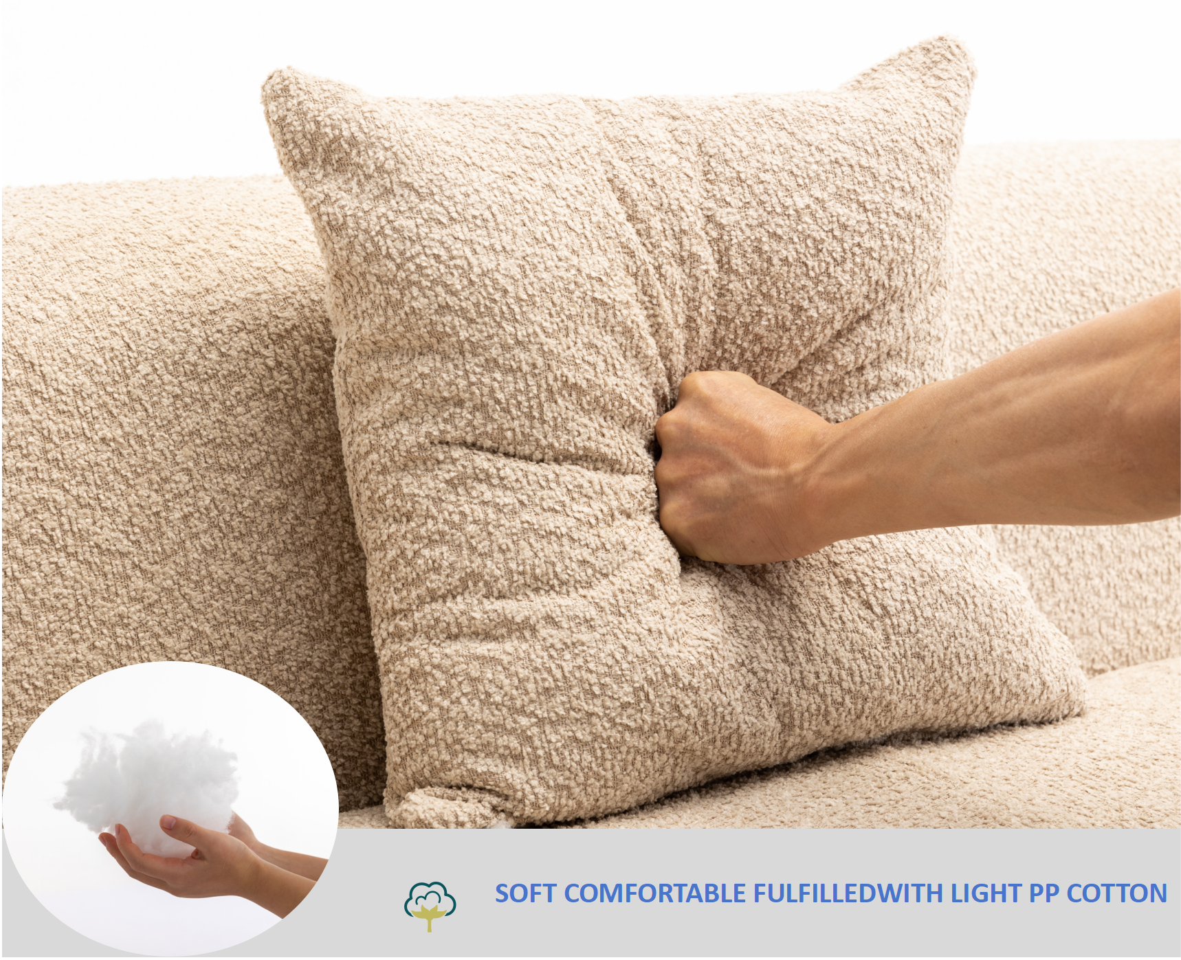 Closeup of a textured beige decorative pillow being squished by a hand