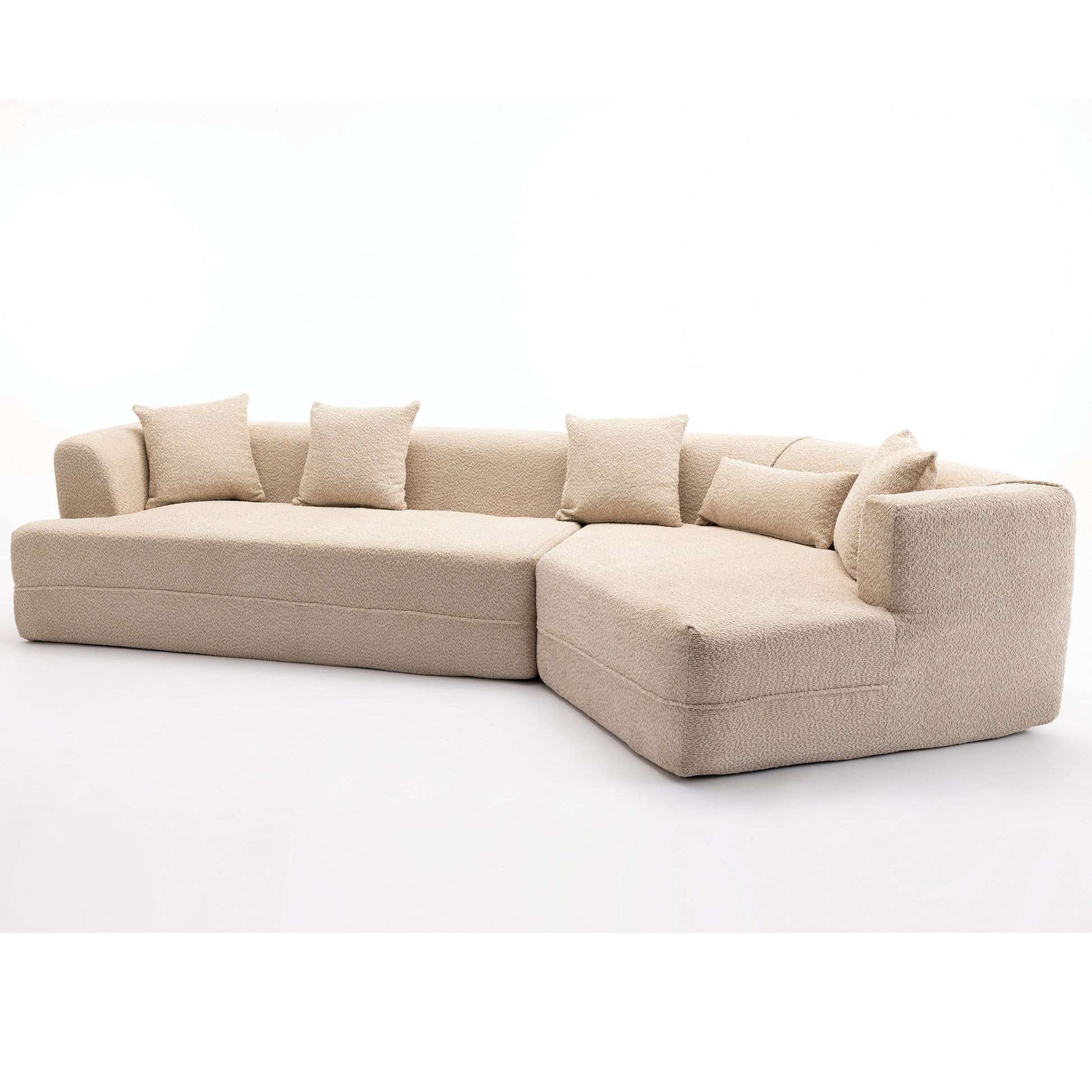 Light beige boucle fabric sectional sofa with plush cushions on a white background