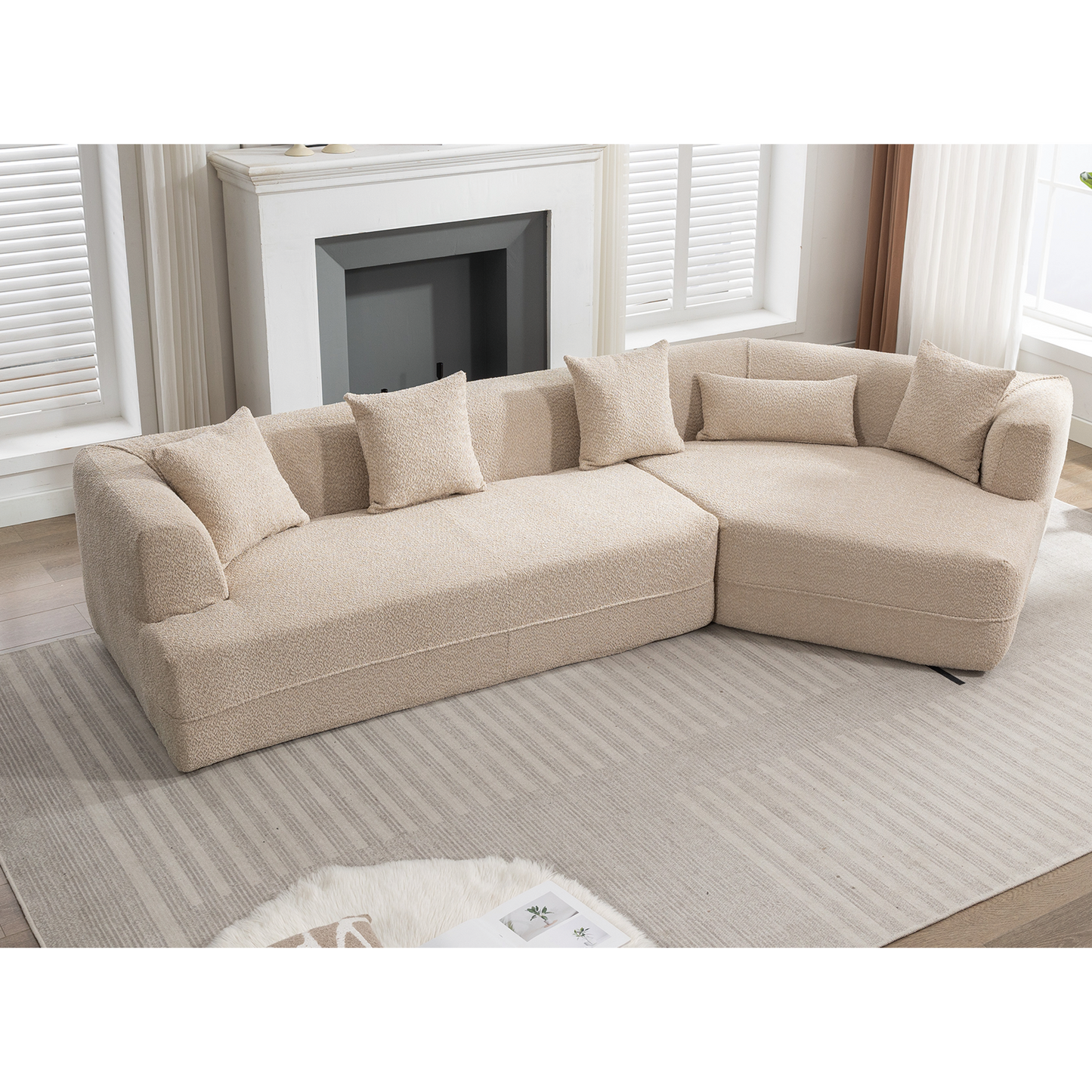 Plush beige sectional sofa with textured fabric and matching throw pillows ideal for modern living rooms