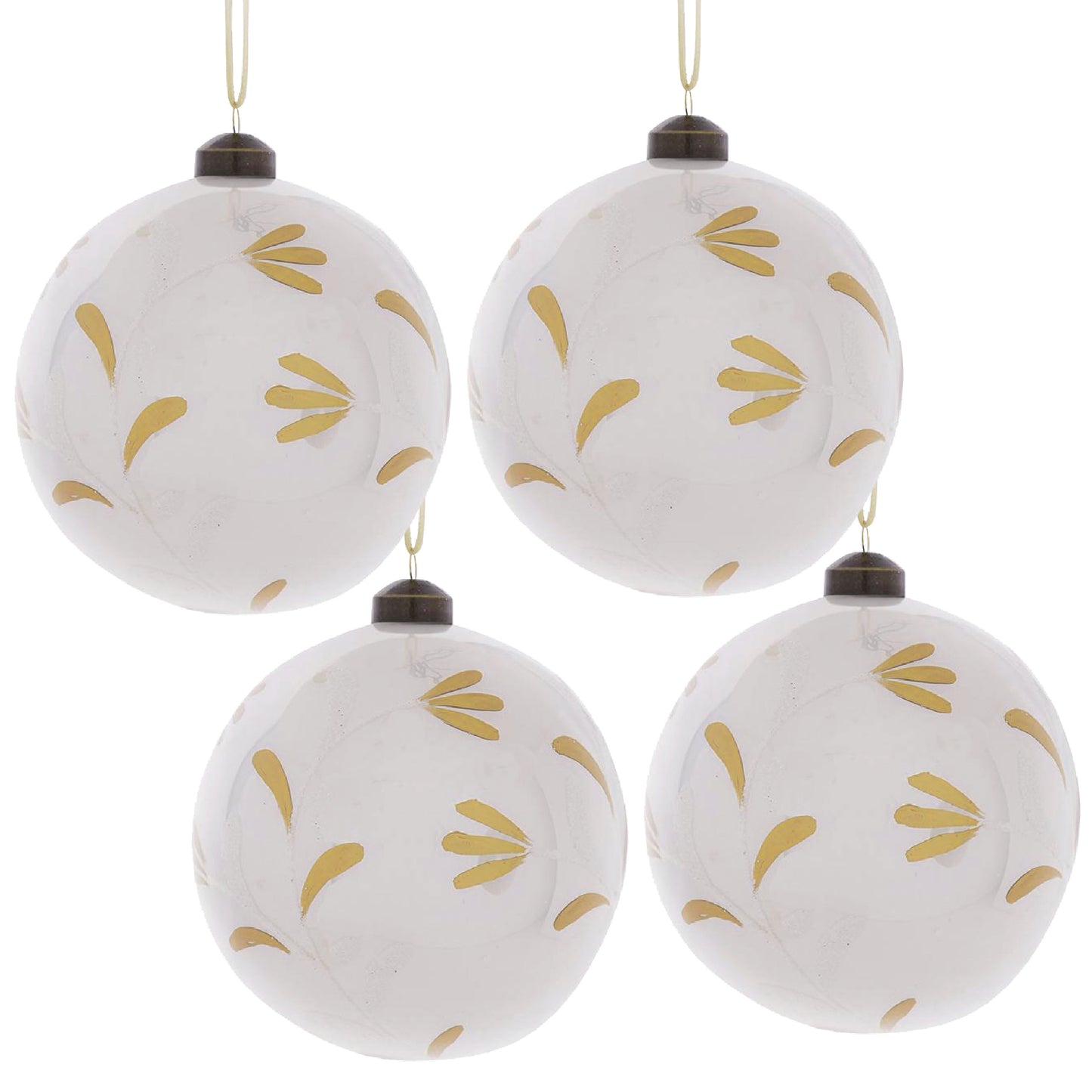 Four white glass Christmas ornaments with gold leaf pattern