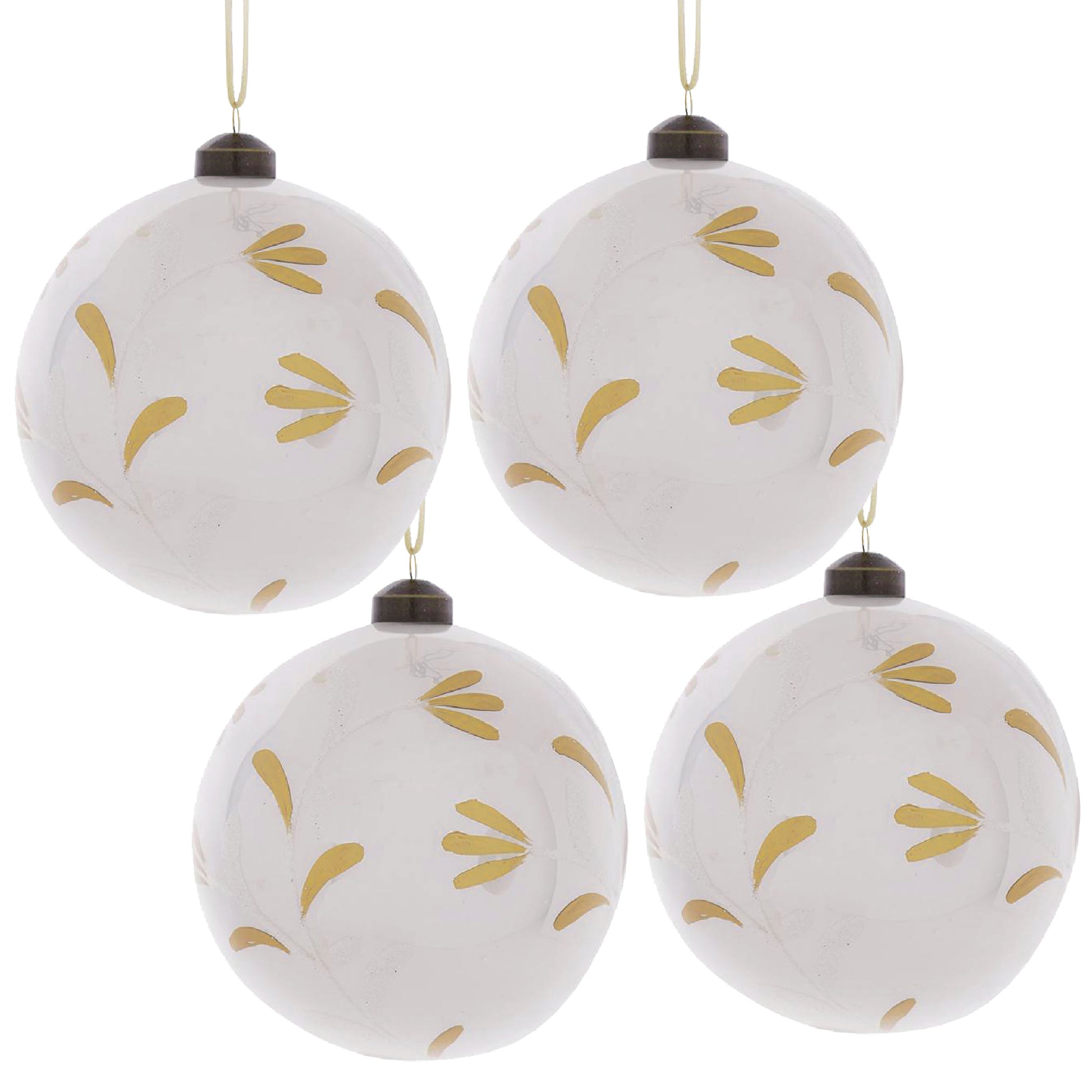 Four white glass Christmas ornaments with gold leaf pattern