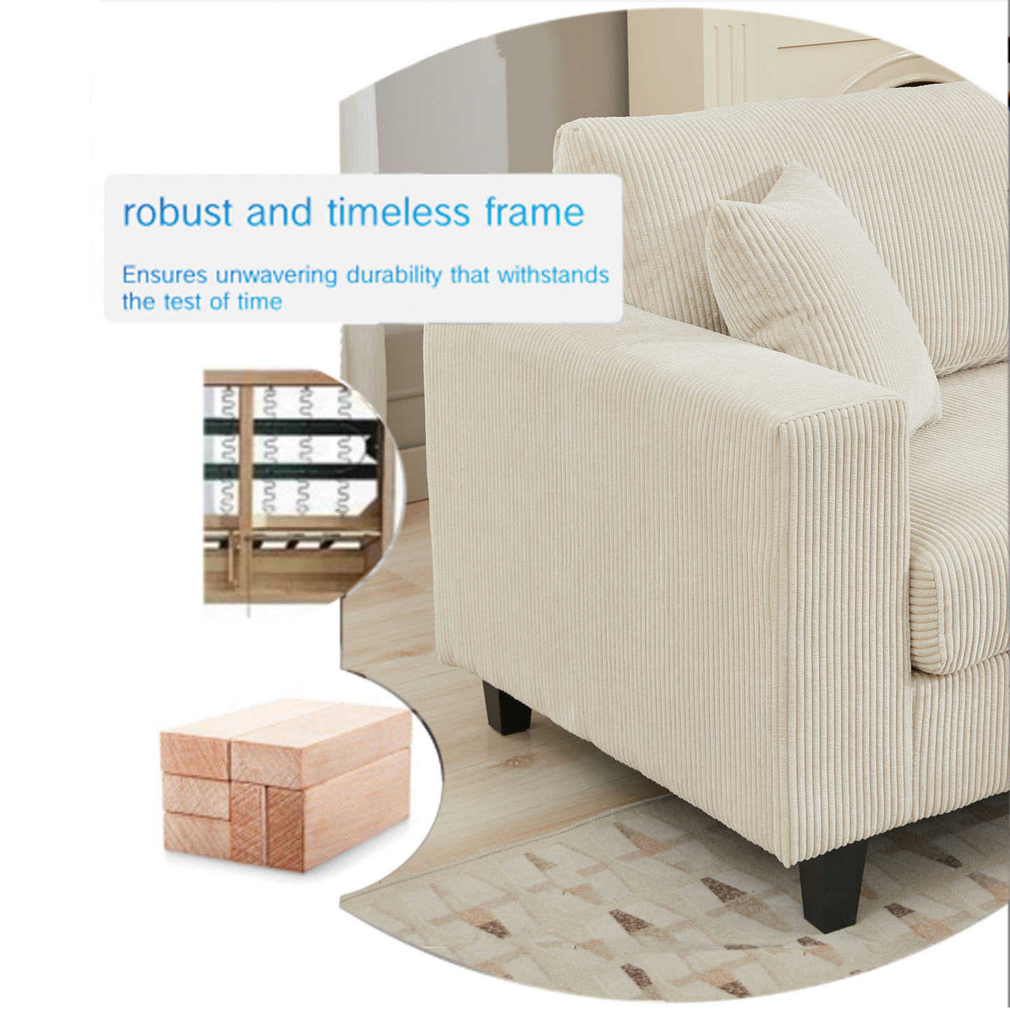 Beige corduroy sofa with plush throw pillows and durable wood frame construction