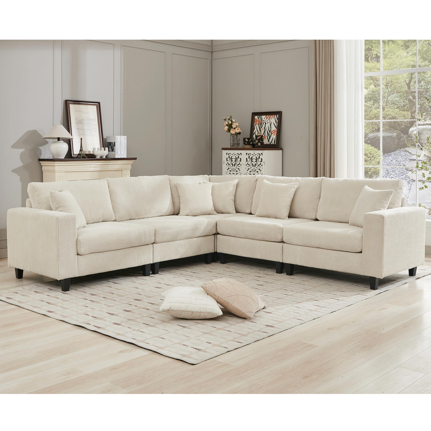 Comfortable cream corduroy sectional sofa with plush cushions for modern living rooms