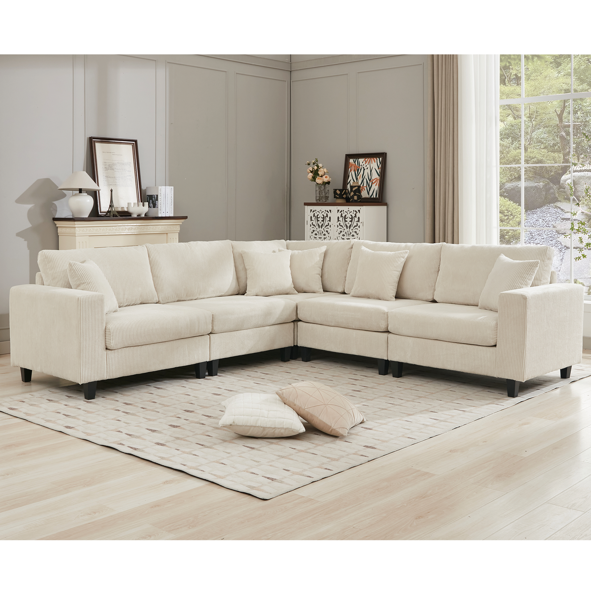 Comfortable cream corduroy sectional sofa with plush cushions for modern living rooms