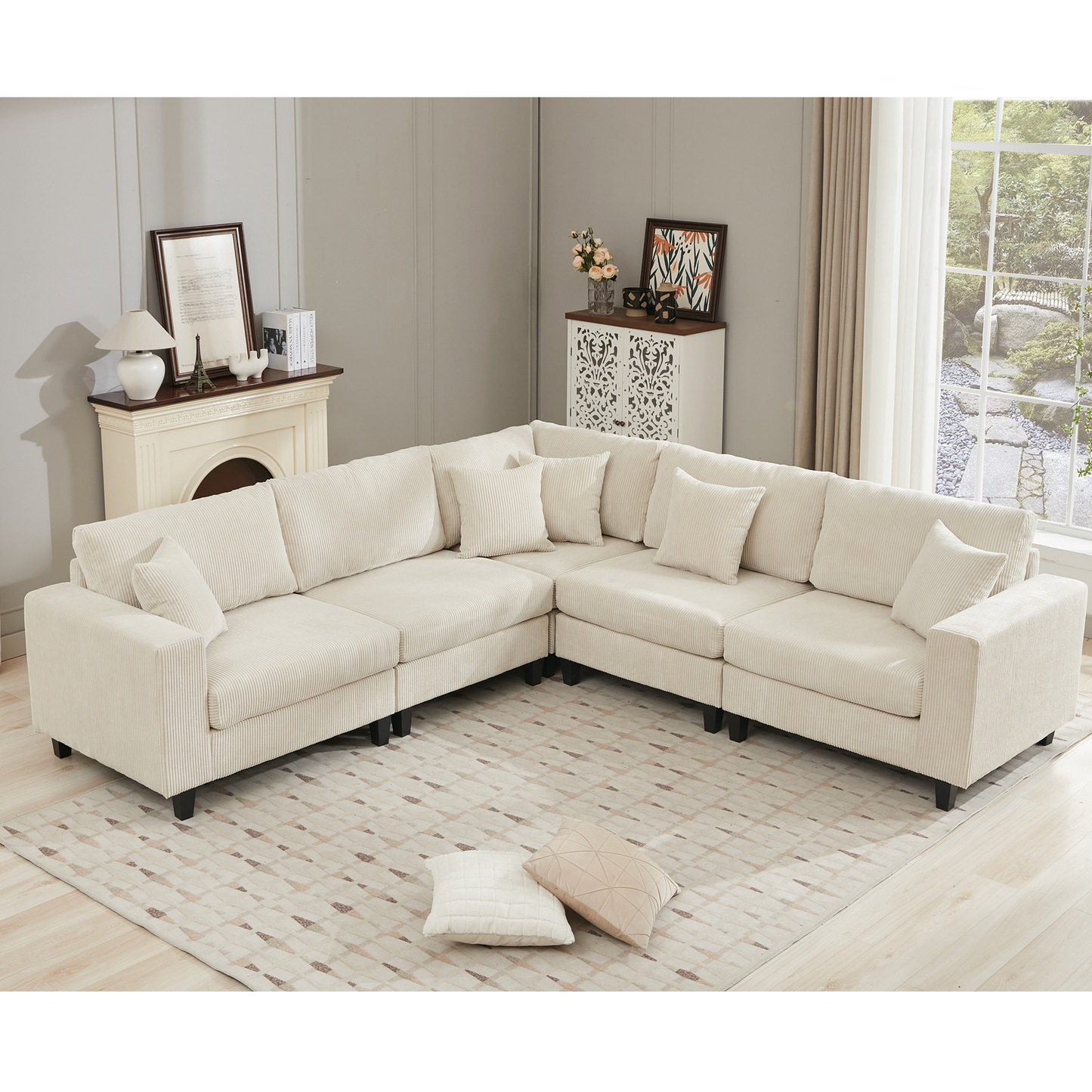Cream corduroy sectional sofa with plush cushions for modern living rooms