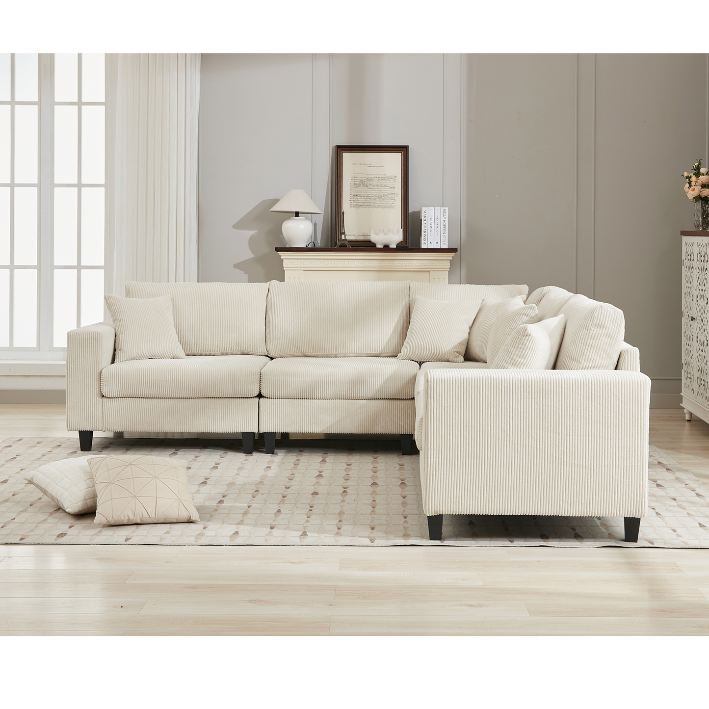 Comfortable cream corduroy sectional sofa with plush cushions perfect for modern living rooms