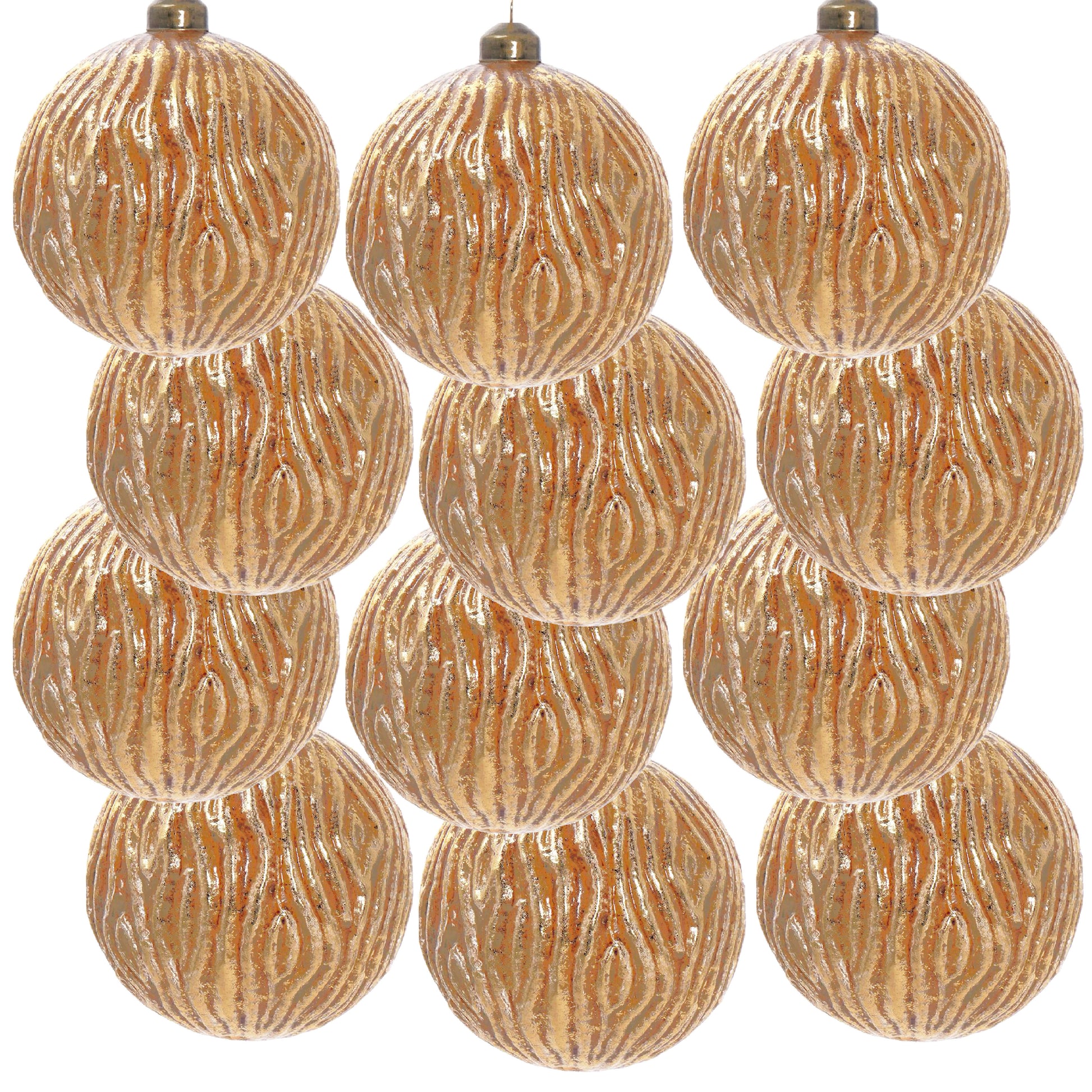 Set of  textured gold Christmas ornaments with wood grain effect