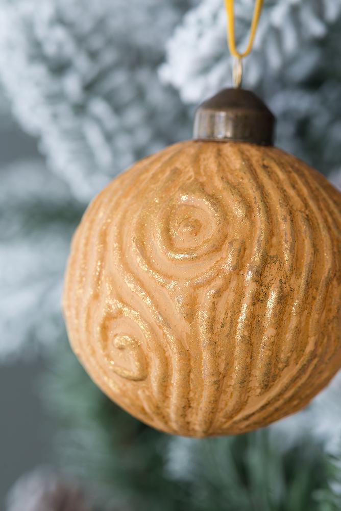 Golden wood grain Christmas ornament with glitter accents rustic tree decor