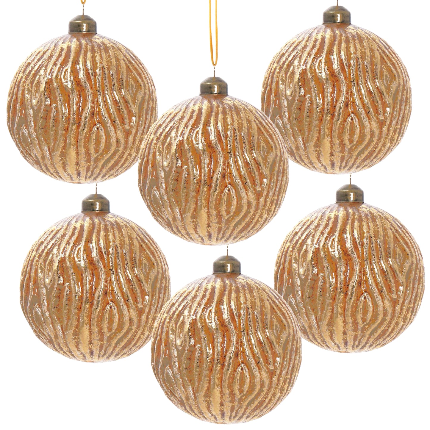 Set of six textured amber glass Christmas ornaments with gold glitter accents