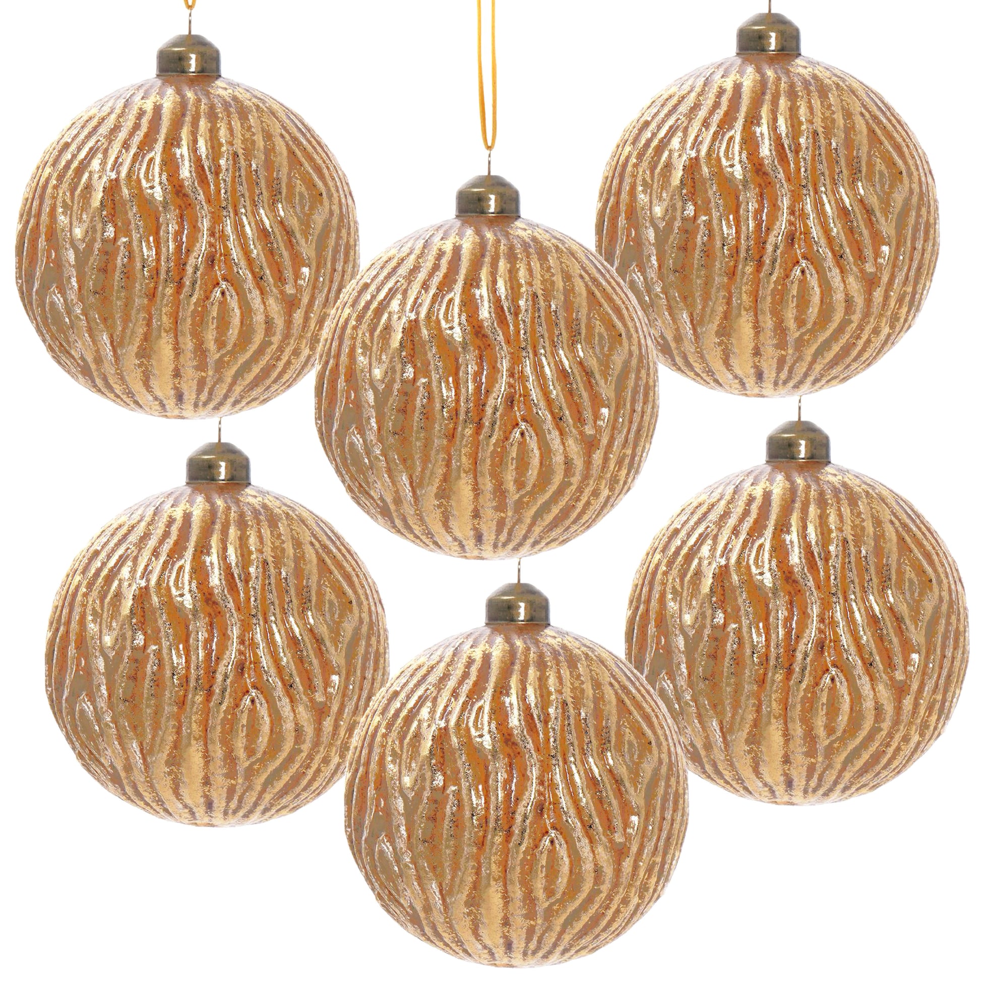 Set of six textured amber glass Christmas ornaments with gold glitter accents