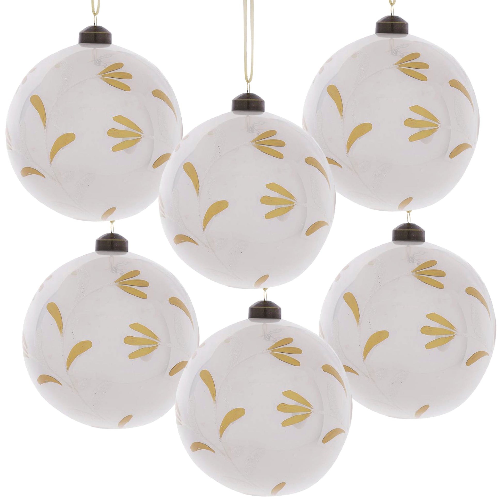 Set of  white glass Christmas ornaments with gold floral pattern