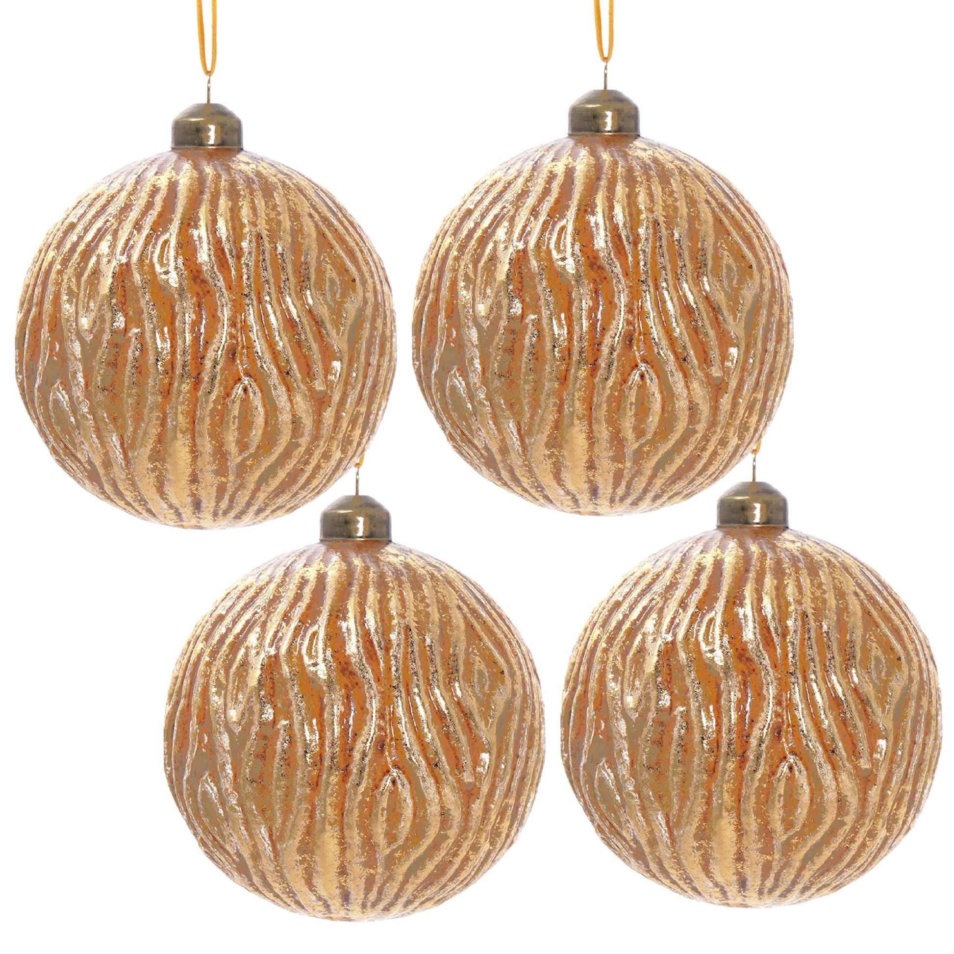 Set of four gold textured Christmas ornaments with ribbed detail and hanging loops
