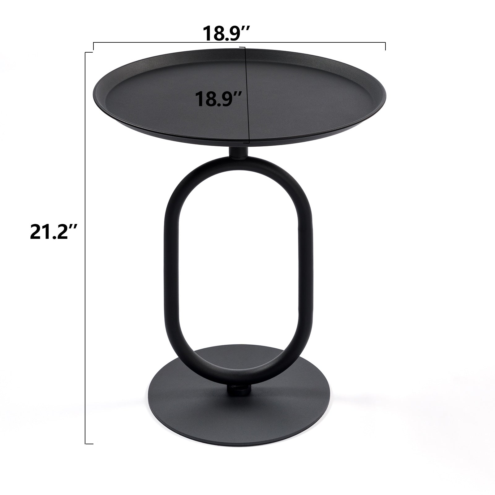 Black metal accent table with round top and oval base modern design