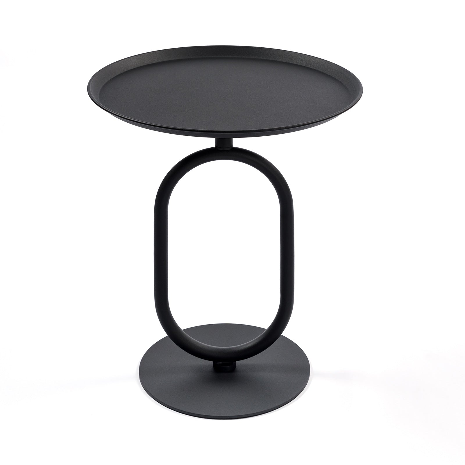 Sleek black metal end table with an oval pedestal base and round top