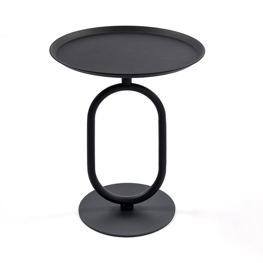 Sleek black metal end table with an oval pedestal base and round top