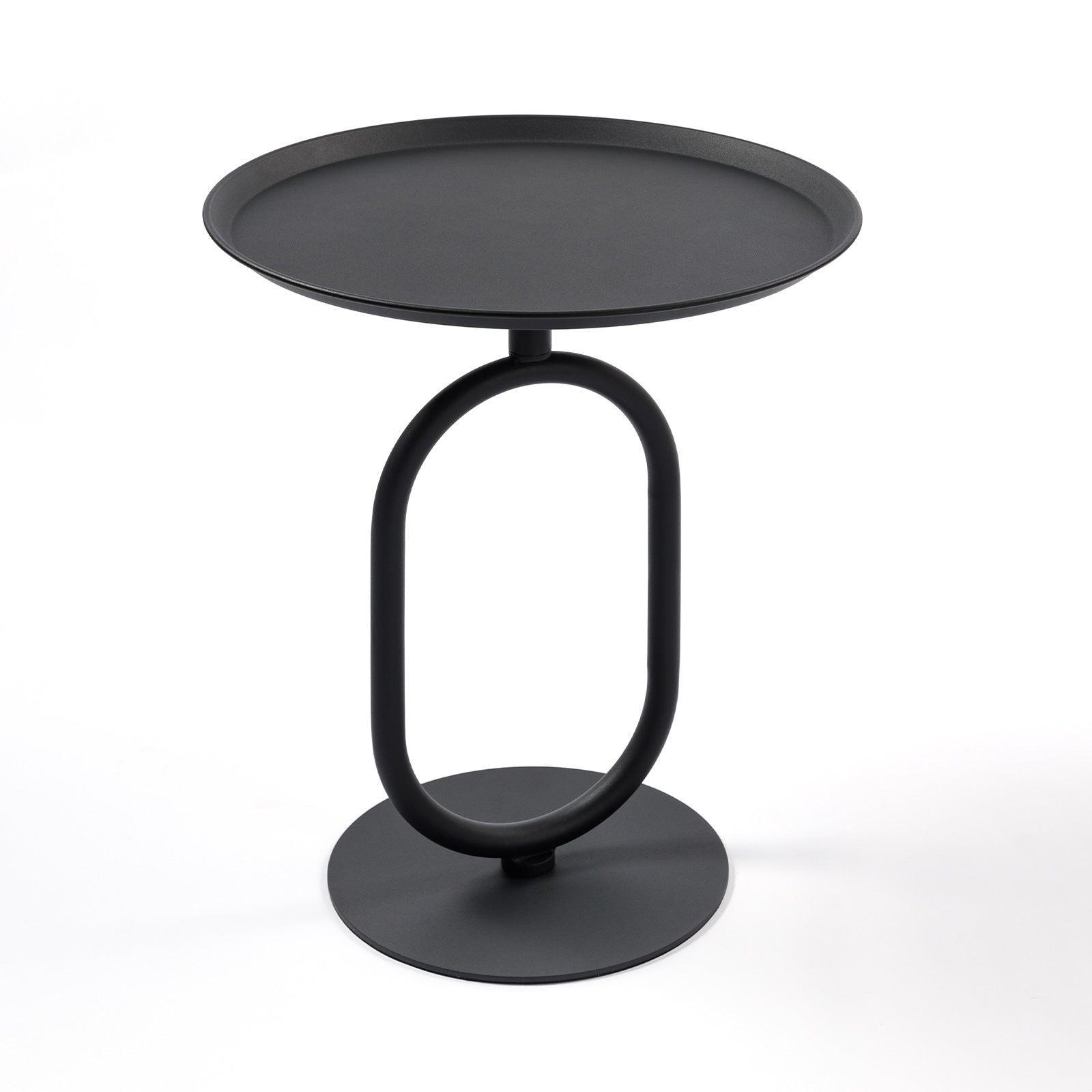 Black metal accent table with an oval base and modern design