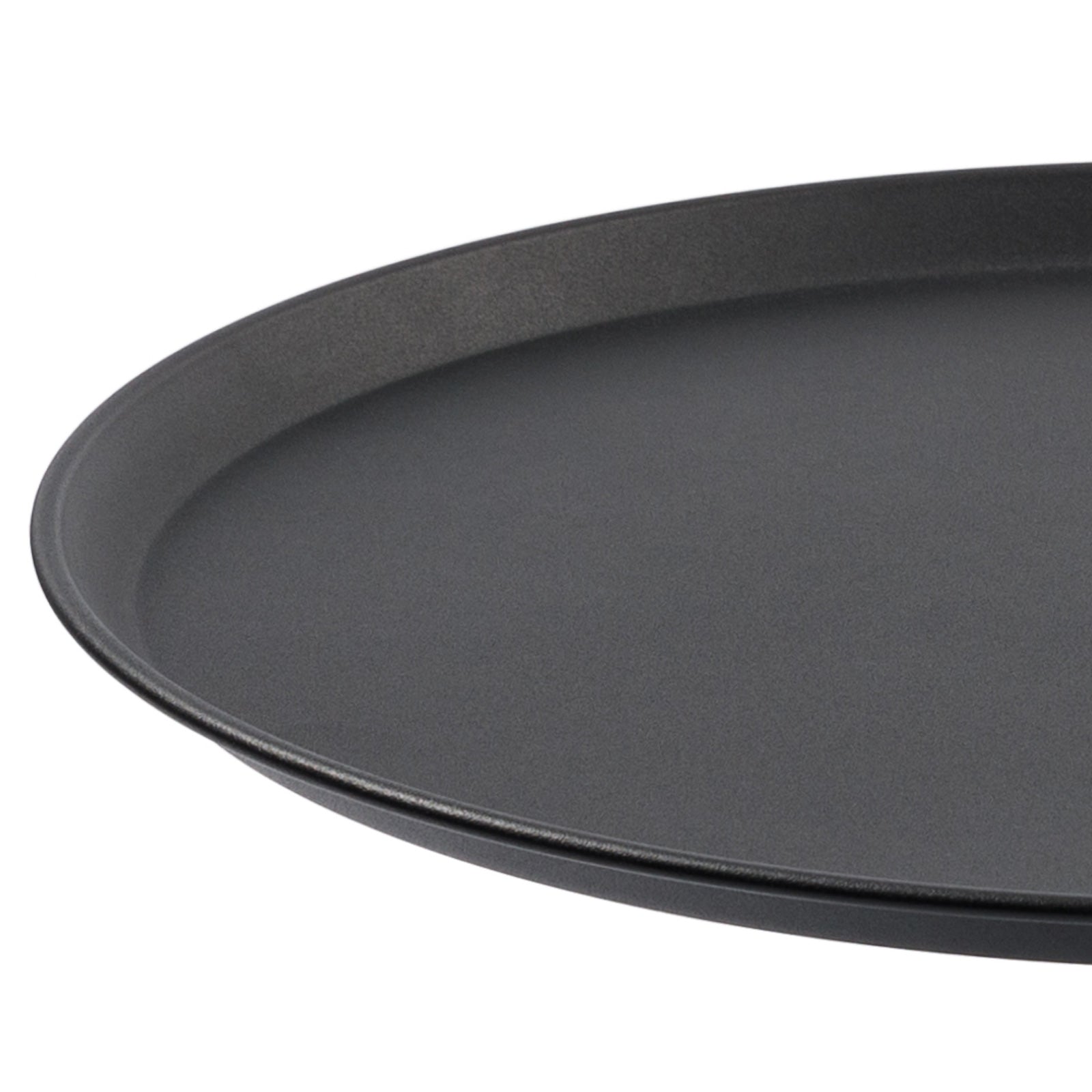 Black serving tray with a textured matte finish and a raised rim