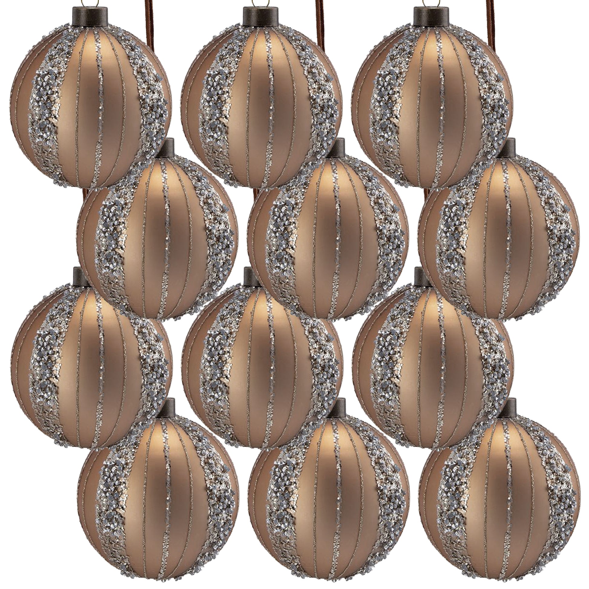 Champagne baubles with textured silver detailing and vertical satin stripes