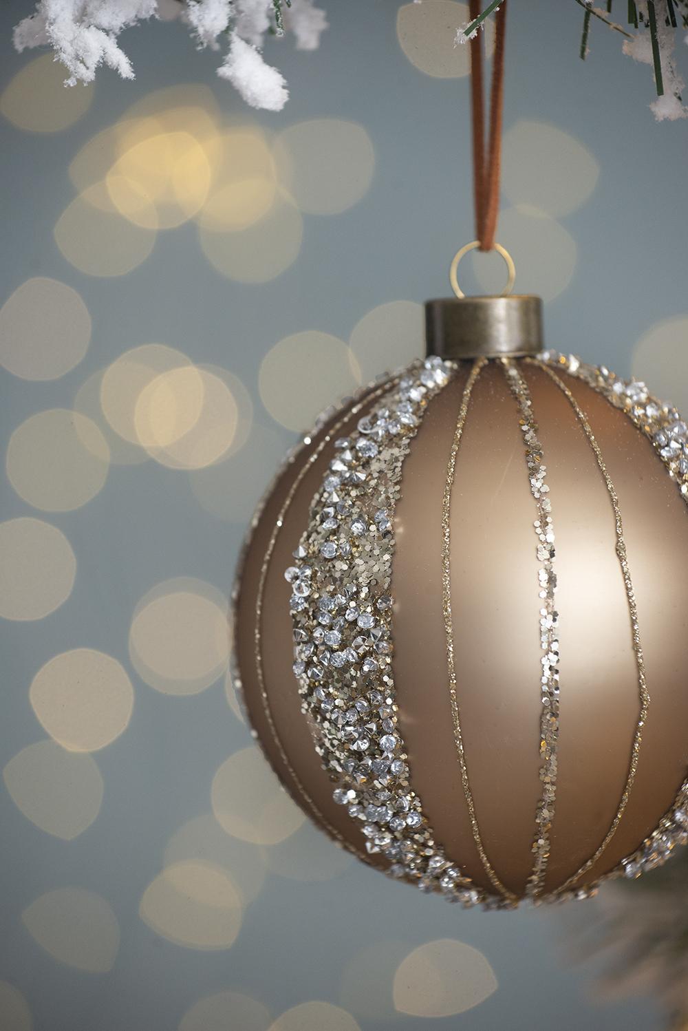 Champagne glitter Christmas ornament with textured crystal accents