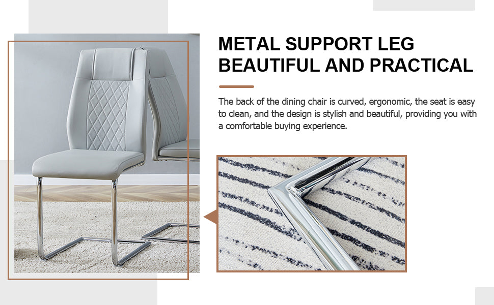 Light gray faux leather dining chair with diamond stitching and chrome cantilever legs