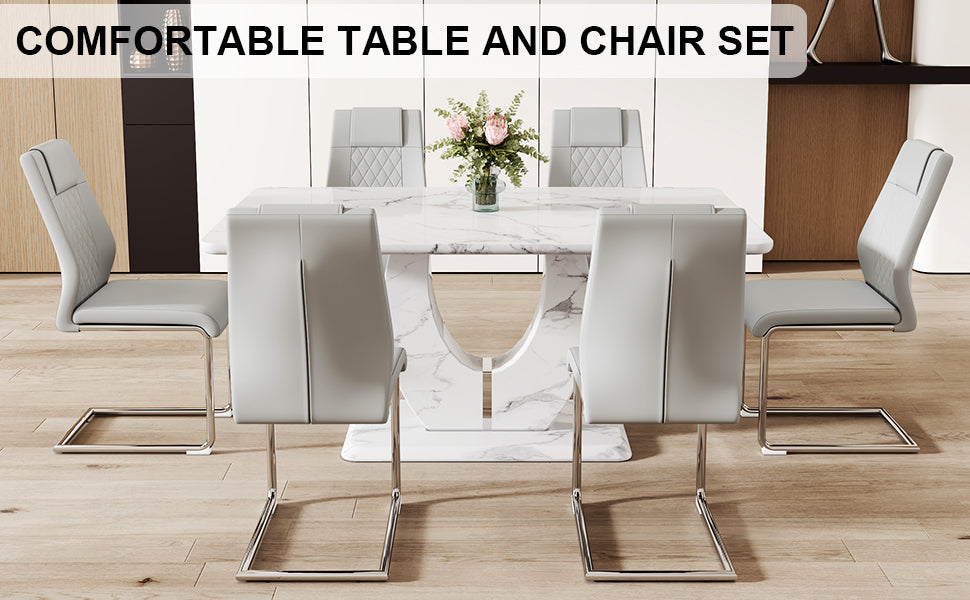 Light grey upholstered dining chairs with chrome cantilever bases part of a modern set