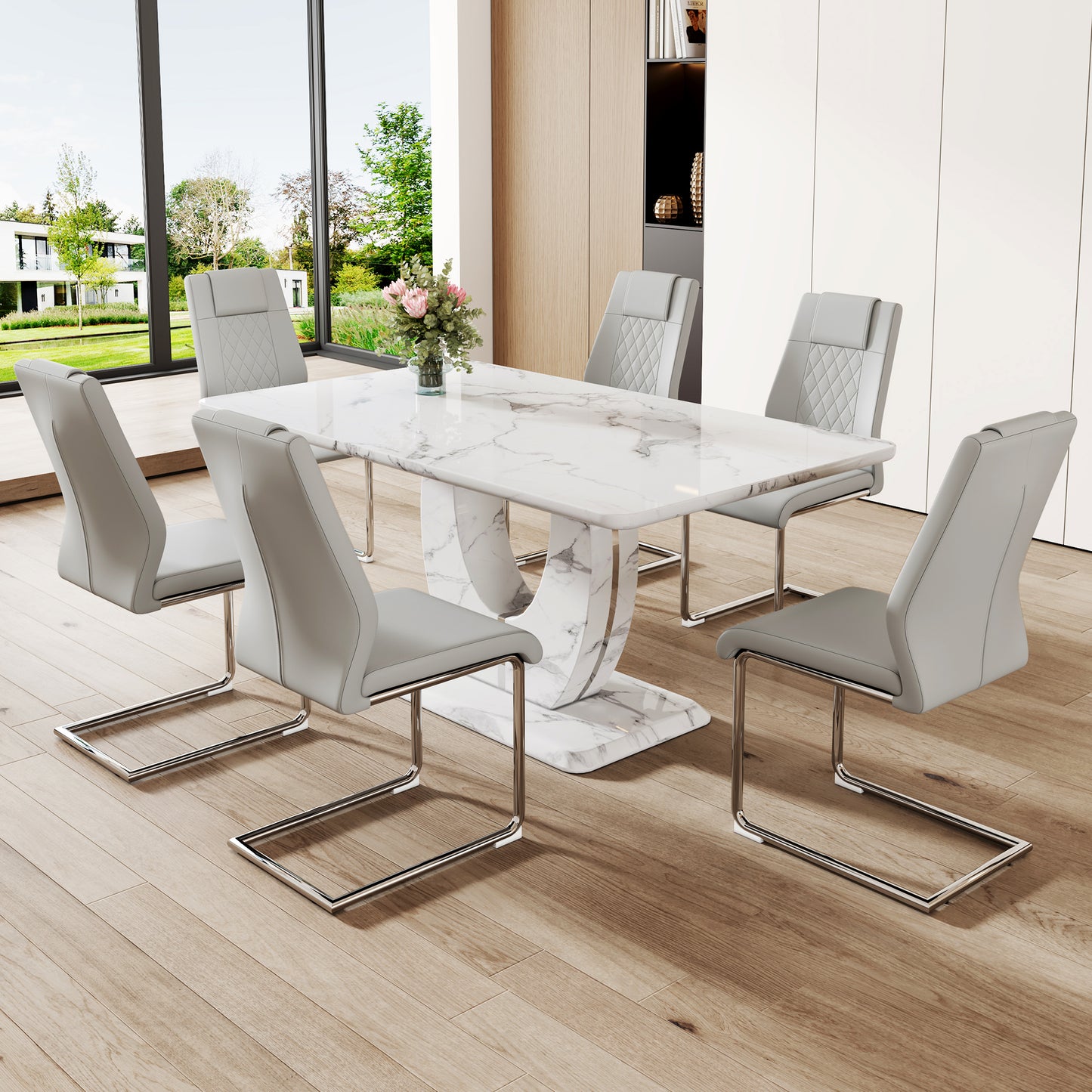 Modern dining set with white marble top table and six grey upholstered chairs