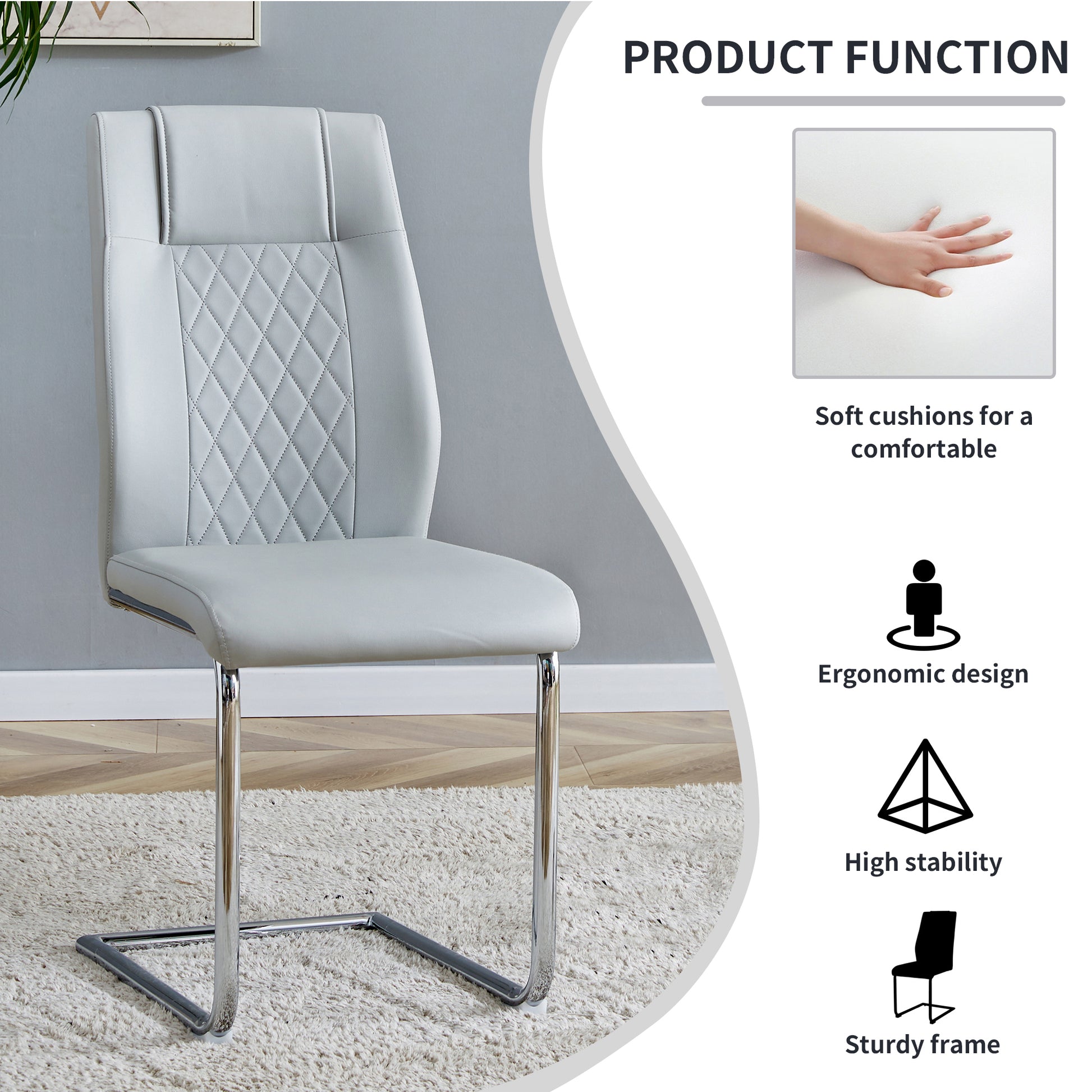 Light gray upholstered dining chair with diamond stitching on back and chrome cantilever base