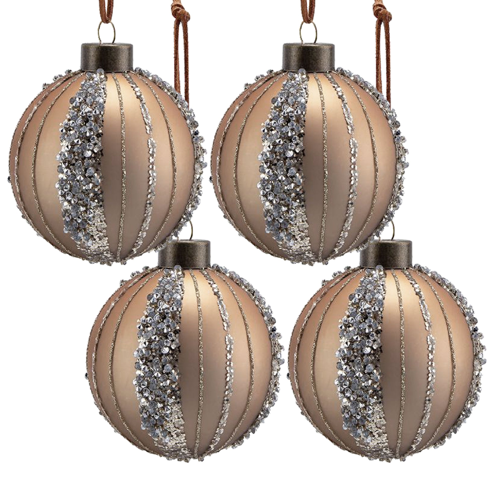 Four champagne colored Christmas ornaments with beaded silver stripes and hanging cords