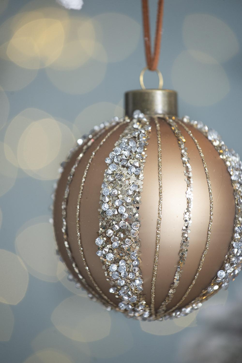 Glamorous champagne Christmas bauble with glittering rhinestone accents