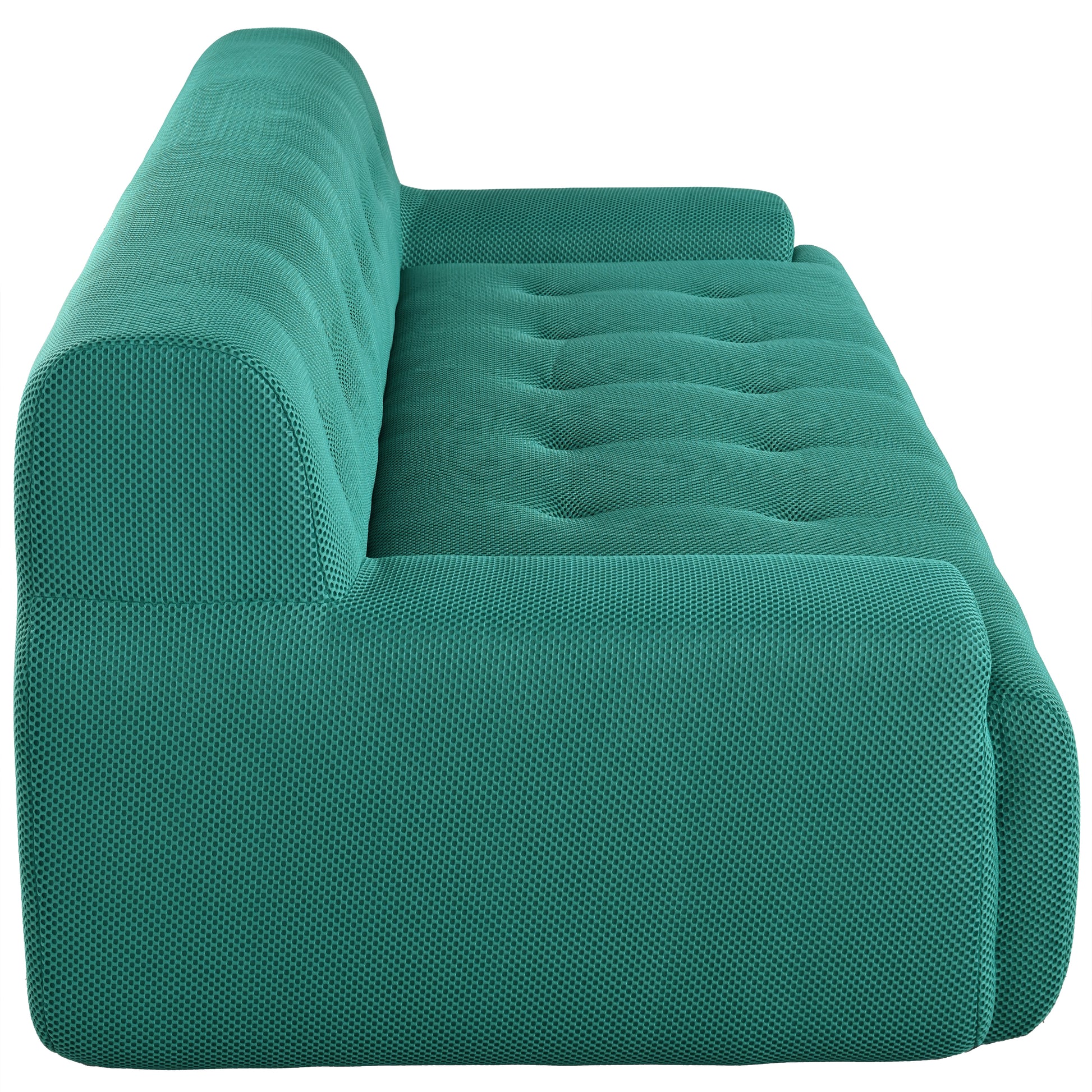Turquoise fabric sofa with tufted cushions and rounded arms modern living room furniture