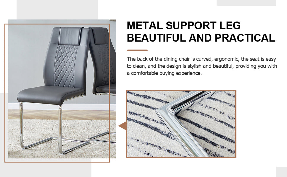 Grey faux leather dining chair with diamond tufting and chrome cantilever leg
